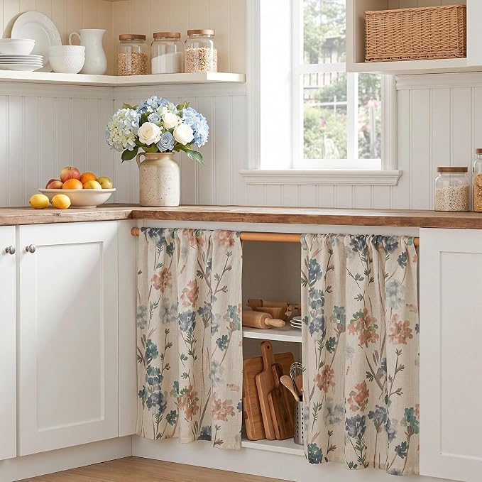 MYSKY HOME Floral Linen Tier Curtains Over Sink 30 Inch Long Set of 2 Light Filtering Privacy Half Window Curtains with Rod Pocket for Kitchen, Cabinet, Basement, Camper, Brown, 30" W Each Panel