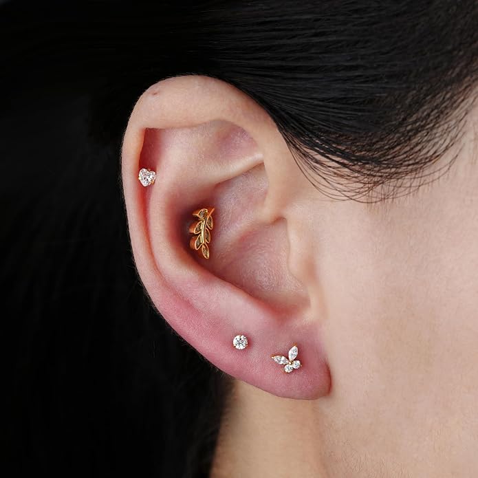 FINE4U 1PC Leaf Flat Back Stud Flat, Helix, Conch, Tragus 6mm 8mm - ASTM F136 Titanium Screw on Body Piercing Jewelry