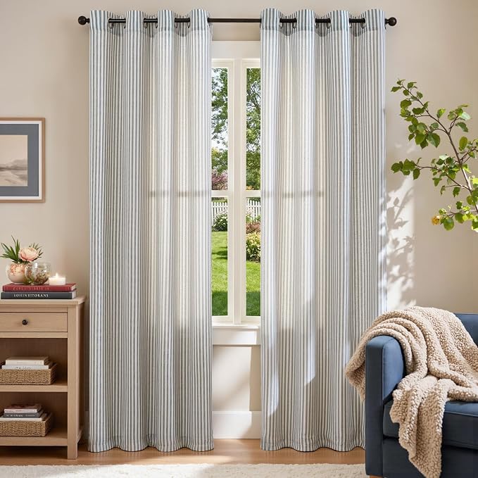 jinchan Linen Curtains 84 Inch Blue Stripe on Beige Grommet 2 Panels | Curtains for Living Room Bedroom,Ticking Stripe Pattern,Farmhouse Cottage Core Rustic, Window Treatment,Light Filtering