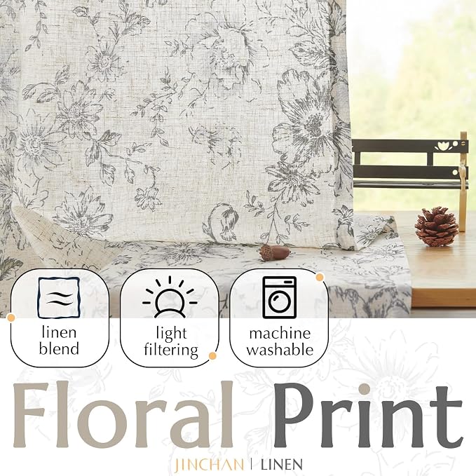 jinchan Grey Floral Linen Curtains 54 Inch Vintage Back Tab 2 Panels | Light filtering drapes, semi sheer, farmhouse, cottagecore, rustic, living room, bedroom, rod pocket, window treatment