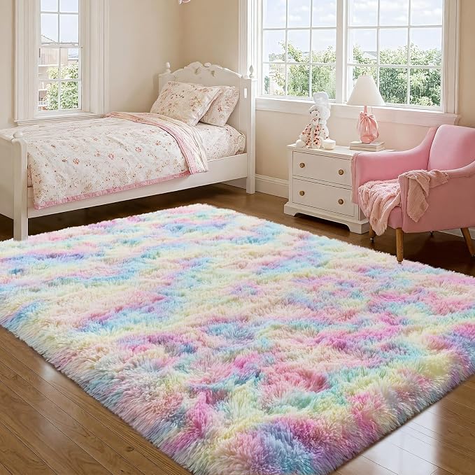 qulint 4x6 Area Rug for Bedroom, Fluffy Colorful Girl Rug for Kids Room | Small Fuzzy Plush Nursery Rugs, Shaggy Modern Rainbow Carpets for Living Room Dorm Classroom Home Decor