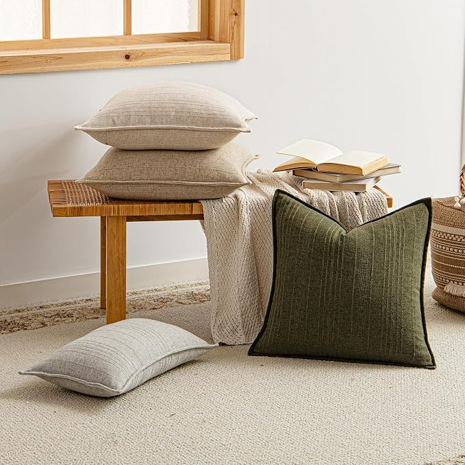 a moment Linen Pillow Covers Set of 2,Boho Farmhouse Throw Pillowcases Neutral Textured Decorative Covers for Couch Sofa,Linen Blend Accent Case Cushion Living Room Home Decor 24"x24"Dark Green