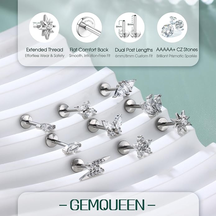 GEMQUEEN G23 Implant Grade Titanium 18G Internally Threaded Flat Back Earrings 5A CZ Studs: 14K Gold Hypoallergenic 3 Pcs Tragus Cartilage Conch Helix Piercing Jewelry for Sensitive Ears Women Men