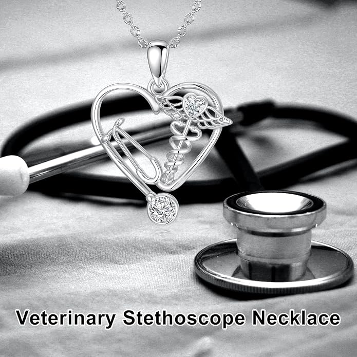 Birthstone Veterinary Stethoscope Necklace 925 Sterling Silver Nurse Vet Pendant with Dog Paw Nurse Jewelry Gifts for Veterinarian Nurse Women Veterinarian Gifts