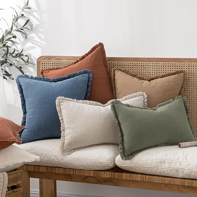 MIULEE Decorative Lumbar Throw Pillow Covers Neutral Linen Fringe Throw Pillows Set of 2 Blue Ashes Boho Farmhouse Cushion Covers for Couch Sofa Bed Living Room Spring Home Decor 12x20 Inch