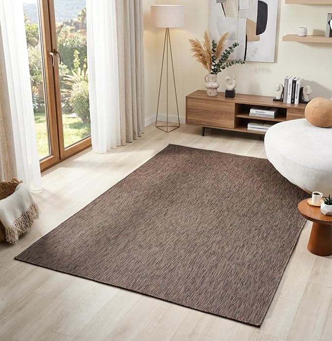Angela Easy Jute Indoor Outdoor Rug, 8x10 Natural Solid Jute Look, Polyester, Durable & Easy Care Outdoor Farmhouse Carpet for Patio, Porch, Living Room (8' x 10', Brown)