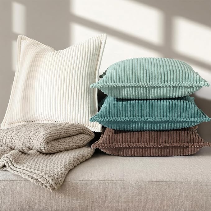 decorUhome Fall Corduroy Pure White Throw Pillow Covers 18x18 Set of 2 | Couch Decorative Soft Modern Boho Farmhouse Pillow Covers Broadside Striped Pillow Cases for Living Room Bed Sofa