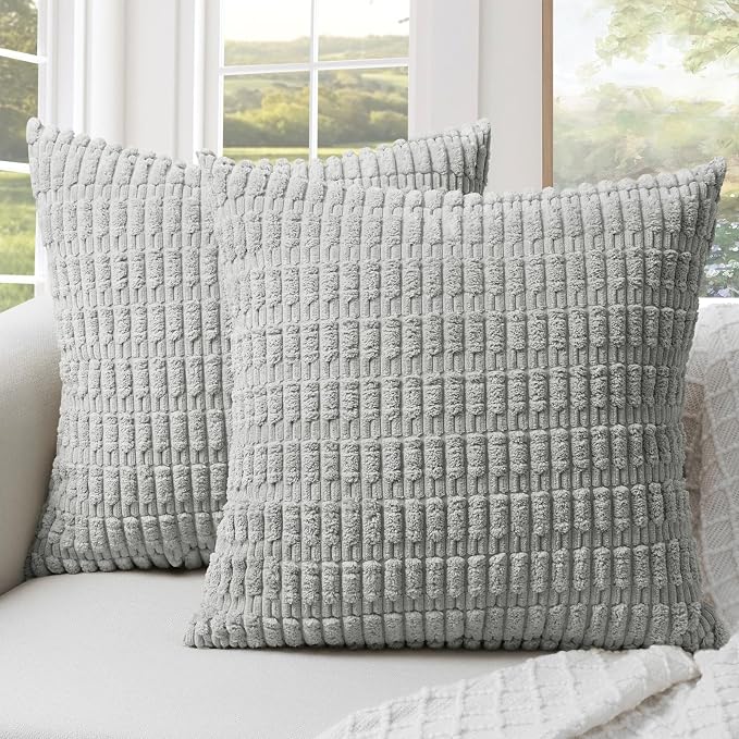 Softalker Corduroy Throw Pillow Covers 16x16 Inch Set of 2, Soft Plush Decorative Square Cushion Cases for Living Room Couch Sofa, Modern Farmhouse Boho Home Decor, Grey