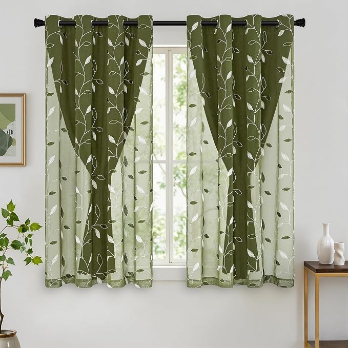 MIULEE Olive Green Double Layer Curtains 63 Inches Long, Leaf Patterned Sheer Floral Drapes and Blackout Room Darkening Window Curtains for Living Room Bedroom, Grommets Top, 52" W x 63" L, 2 Panels