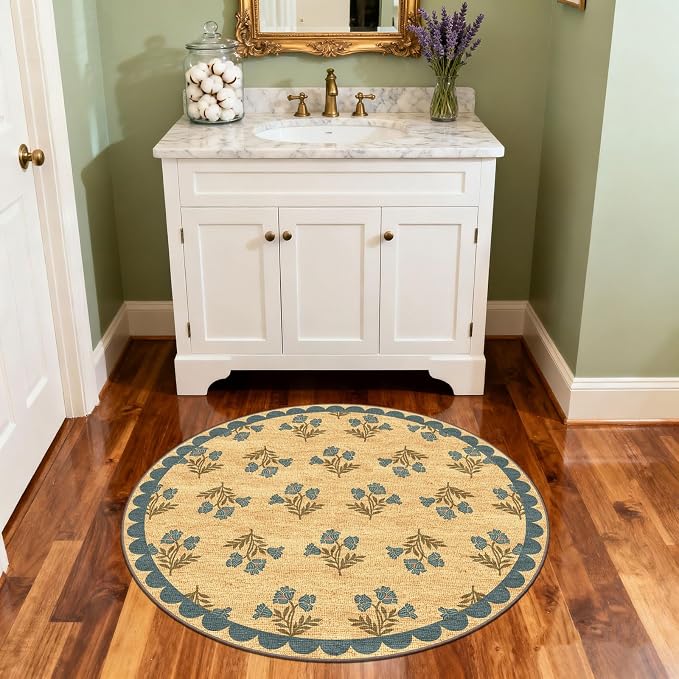 3ft Entryway Round Rug - 3x3 Small Washable Floral Boho Farmhouse Scalloped Round Bedroom Rug Non Slip Front Door Mat Indoor Stain Resistant Jute-Look Circle Rugs for Bedroom Entryway Kitchen