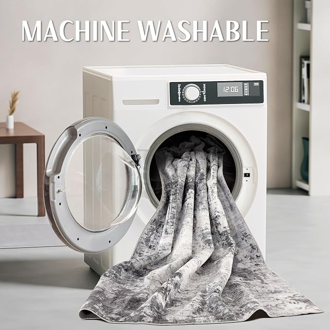Abstract 5x7 Area Rug: Machine Washable Non Slip Ultra Thin Low-Pile Carpet, Soft Stain Resistant for Living Room Bedroom Nursery, Kid Pet Friendly, Robot Vacuum Compatible - Grey