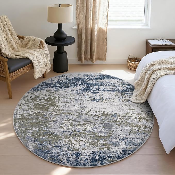 ROYHOME Modern Abstract 8x8 Round Area Rug Non Slip Non Shedding Rug Low Pile Stain Resistant for Bedroom Living Room Office Dining Room,Navy