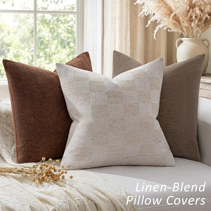 a moment Set of 2 Decorative Linen Throw Pillow Covers,Large Grid Textured Neutral Boho Farmhouse Cushion Covers,Soft Aesthetic Pillowcases for Couch Sofa Living Room Home Decor,22x22 Inch,Beige