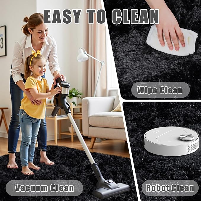 5x8 Area Rug for Living Room:Ultra Soft Fluffy Shag Black Rugs,Large Fuzzy Plush Indoor Non Slip Carpet Washable Rug for Bedroom Kids Nursery Office Dorm Modern Decor(Black 5'x8')