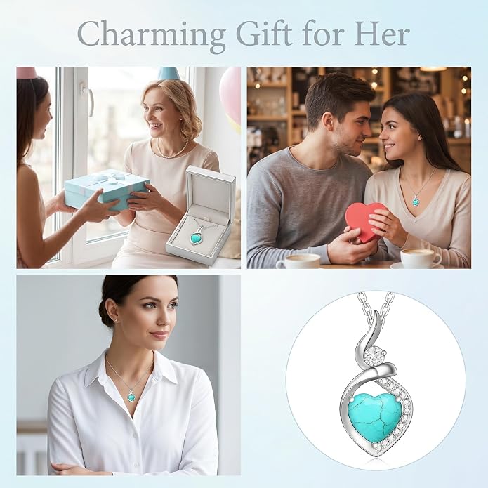 Heart Necklace 925 Sterling Silver Created Moonstone/Turquoise/Lapis Lazuli/Opal Heart Necklace Pendant Necklace Jewelry Gifts for Women