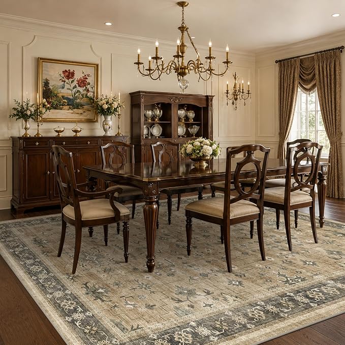 Vintage Taupe and Sage 10x14 Living Room Rug, Oriental Large Area Rug for Dining Room Under Table, Natural Washable Low Pile Bedroom Carpet, Non-Slip Stain Resistant Indoor Door Mat