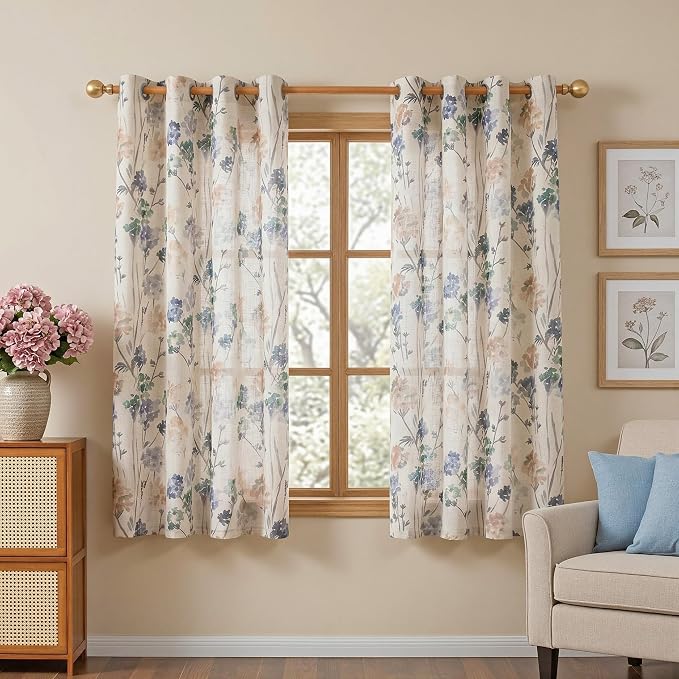 MYSKY HOME Floral Linen Curtains 45 inch Length 2 Panels Set Patterned Semi Sheer Light Filtering Privacy Farmhouse Grommet Drapes for Bedroom Small Window, Brown, 52" Wide Each Panel, Pack-2