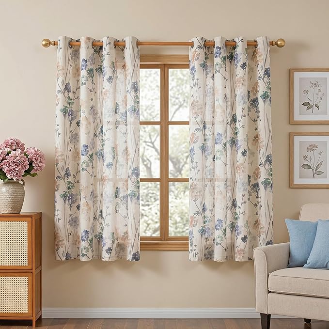 MYSKY HOME Floral Linen Curtains 54 inch Length 2 Panels Set Patterned Semi Sheer Light Filtering Privacy Farmhouse Grommet Drapes for Bedroom Small Window, Brown, 52" Wide Each Panel, Pack-2