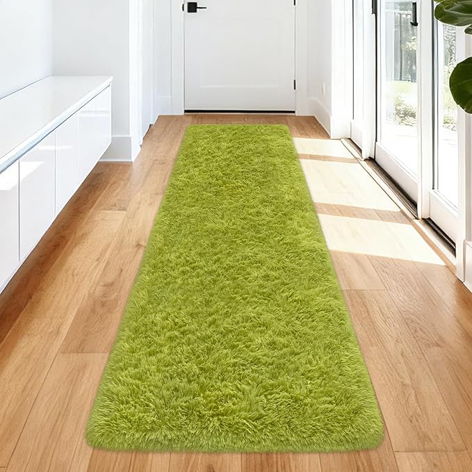 Soft Grass Green Fluffy Rug for Bedroom Living Room, 2x8 ft Fuzzy Green Shag Rug Runner Carpet for Hallways Entryway Nursery Bedside Kids Room Teen Dorm Home Decor Indoor