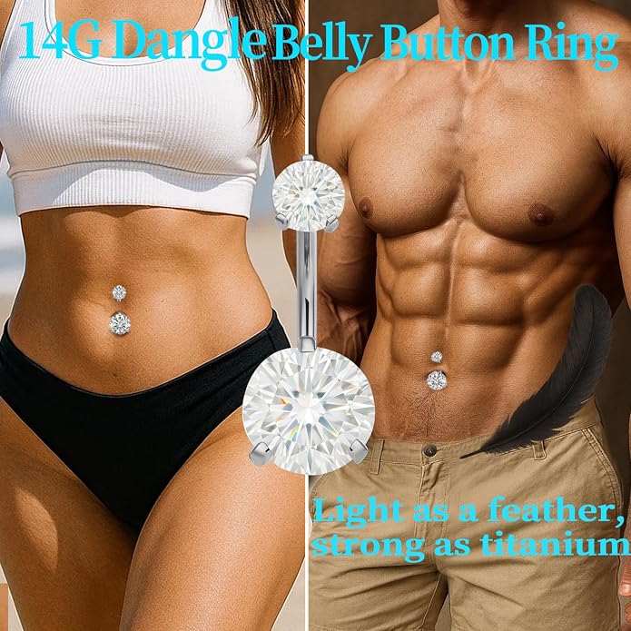 Sparkling Moissanite Belly Button Ring, 14G G23 Surgical Grade Titanium with 14K Gold Plated | Internally Threaded & Hypoallergenic for Sensitive Skin | Unisex Body Jewelry