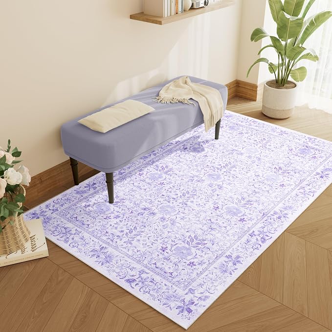 DUKINO 3x5 Rug, Washable Vintage Floral Bedroom Area Rug Non Slip, Purple | Low Pile, Non-Shedding, Aesthetic Lightweight Soft Indoor Small Carpet for Bathroom Entryway Living Room Office Farmhouse