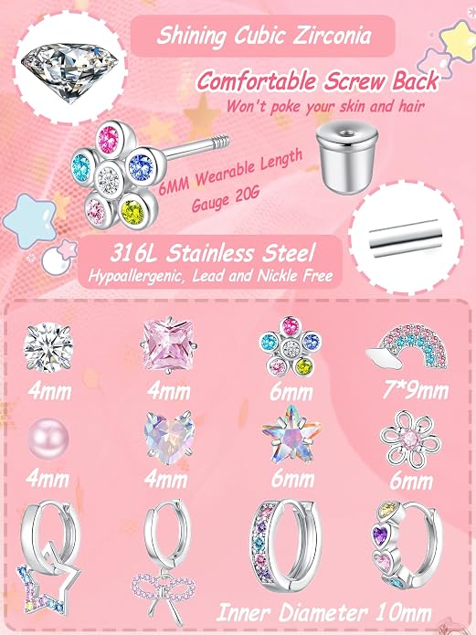 Hypoallergenic Screw Back Earrings for Women Girls Kids Surgical Steel Earrings for Sensitive Ears Cute Heart CZ Flower Butterfly Toddler Girl Earrings Screwback Studs Hoops