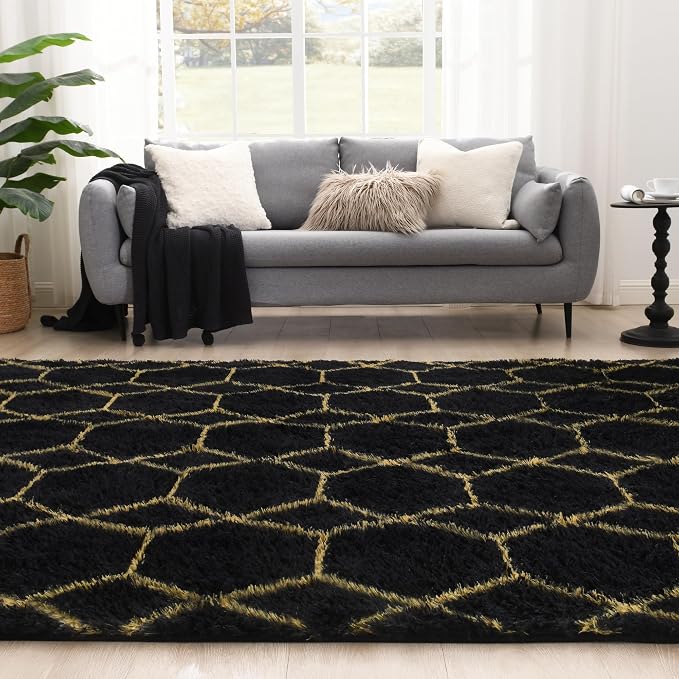 Fluffy Rug for Bedroom, Soft 4x6 Black Shag Plush Geometric Area Rugs | Modern Black and Gold Rug, Non Slip Carpet for Living Room, Aesthetic Home Decor, Fuzzy Floor Mat for Nursery Teen Dorm