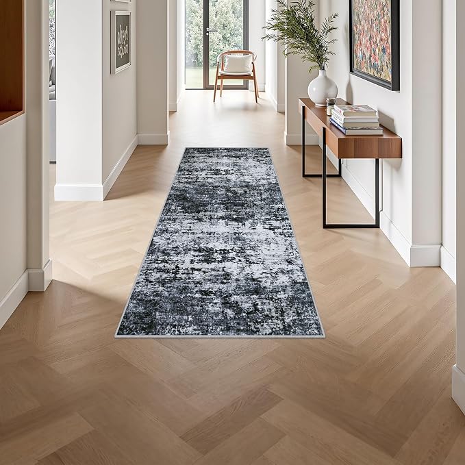 2'x5'Runner Rug Washable Rug: Modern Abstract Soft Thin Runner Rug Black