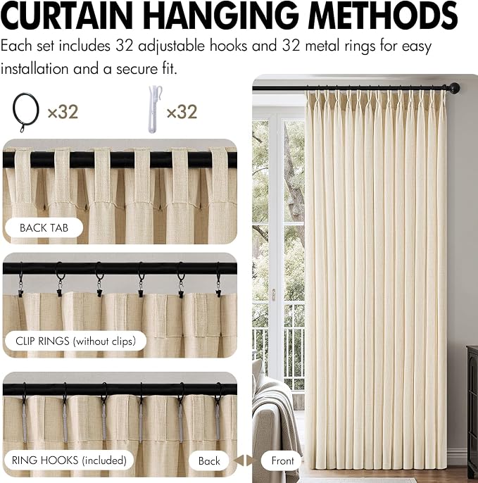 MIULEE Pinch Pleated Thick Linen Curtains 84 Inch 4 Panels Set Back Tab Memory Trained Pinch Pleat Semi Sheer Light Filtering Privacy Let Light in Window Drapes for Living Room Bedroom Warm Beige