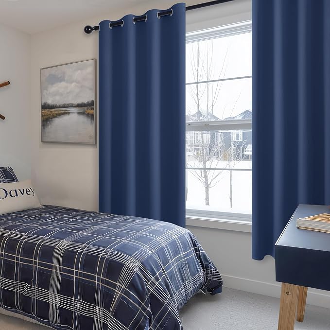 Hiasan Blackout Curtains for Bedroom, 52 x 63 Inches Length - Thermal Insulated & Energy Saving Window Curtains for Living Room, 2 Drape Panels Sewn with Tiebacks, Navy