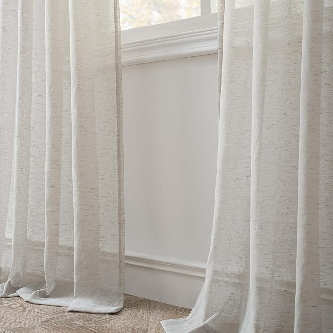 FMFUNCTEX Grey Flax Linen Sheer Curtains 63 Inch Long Rod Pocket 2 Panels | Semi Sheer Window Drapes Grey for Bedroom and Living Room, Farmhouse French Window Curtain Privacy