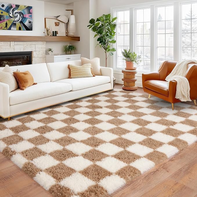 Pionblank Checkered Rug for Living Room, Modern Soft Shag 6x9 Area Rugs, Plush Fuzzy Carpet for Bedroom Girls Boys Room Home Nursery Teens Dorm Decor, Beige and Cream White