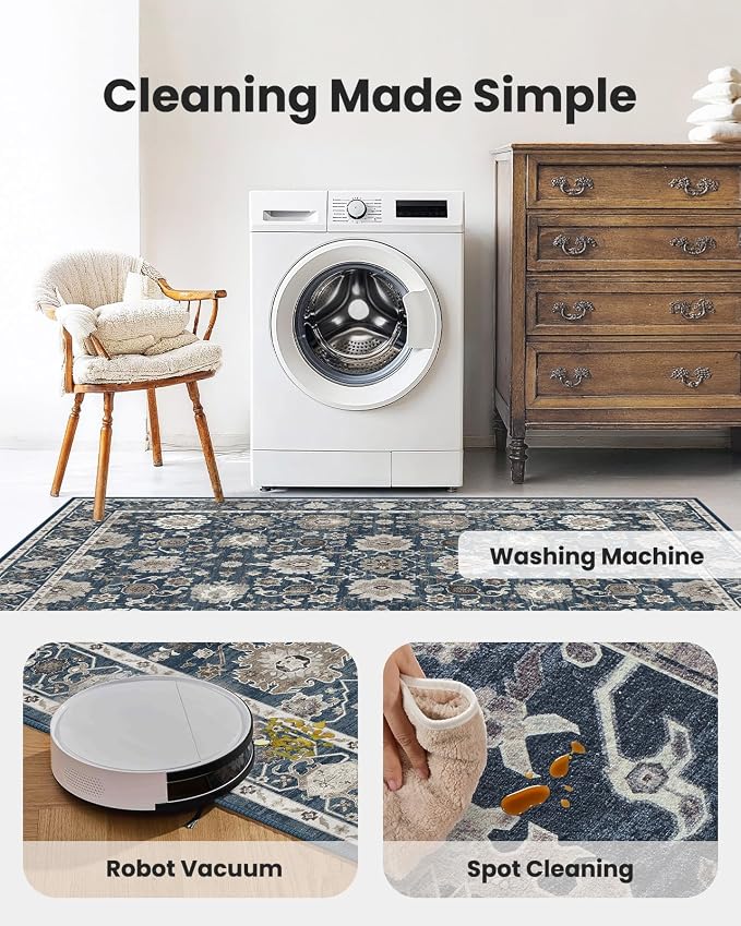 AMADA HOMEFURNISHING 9x12 Area Rug for Living Room, Vintage Washable Area Rug Low-Pile & Non-Slip Carpet for Bedroom Dining Room Nursery Home Office, Navy Blue/Brown