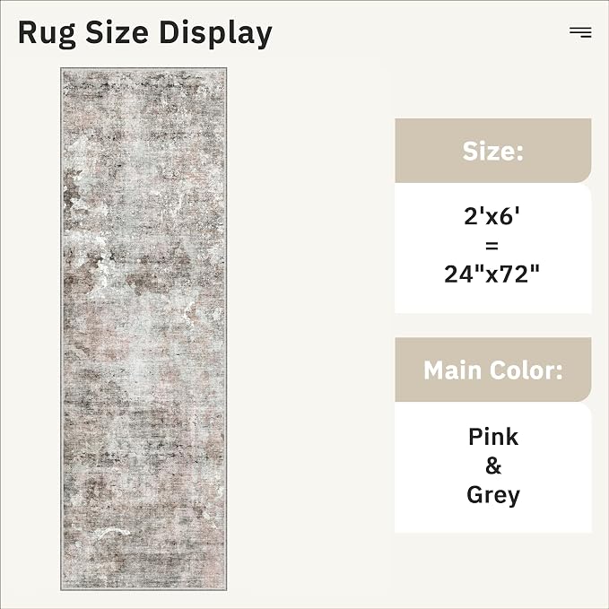 Soalmost Runner Rug 2x6 Washable Non-Slip Kitchen Runner Rugs for Bathroom Laundry Room Pink/Grey Vintage Floor Carpet Runners for Hallway Entryway