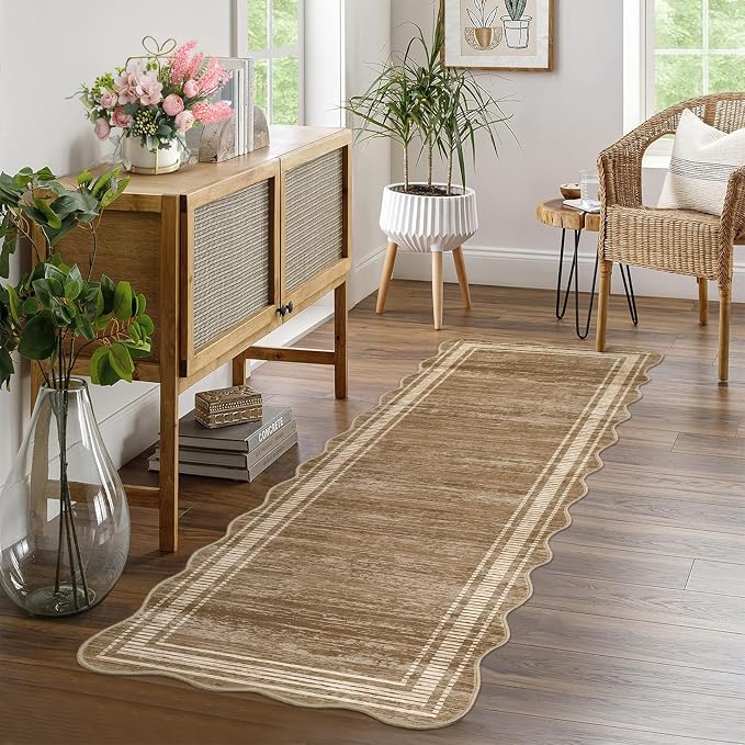 Garvee Scalloped Washable Runner Rugs for Hallway 2x6 Kitchen Runner Rug, Non Sip Bathroom Soft Rug Runner, Low Pile Modern Abstract Scalloped Indoor Carpet for Entryway Laundry Room Foyer, Brown | Modern Long Runner Rug for Entryway Bedroom, Non Slip ...