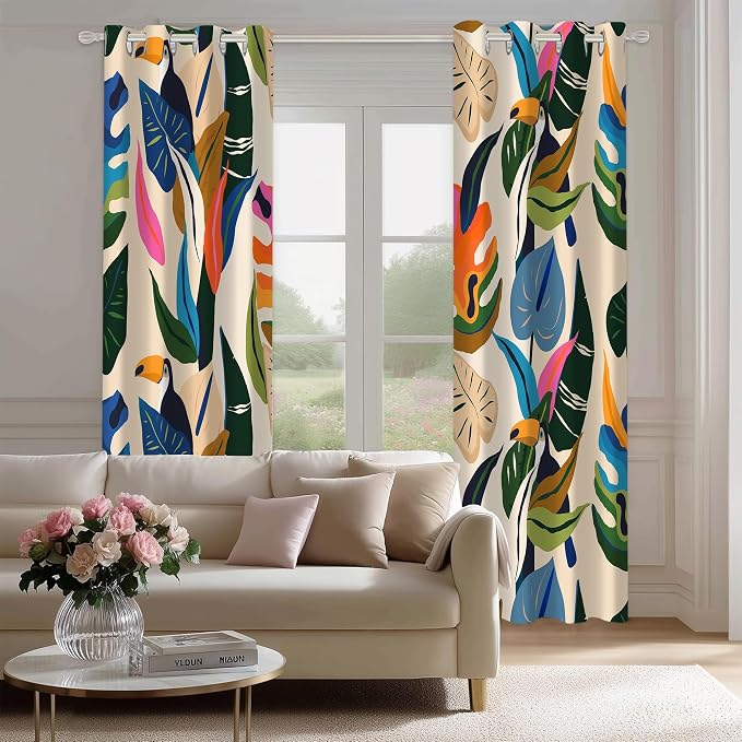 Colorful Tropical Abstract Blackout Window Curtains, Boho Floral Plant Jungle Palm Leaf Toucan Birds Art Decor for Bedroom, Living Room, Art Gallery Grommet Window Drapes 2 Panel Set, 52"x84"