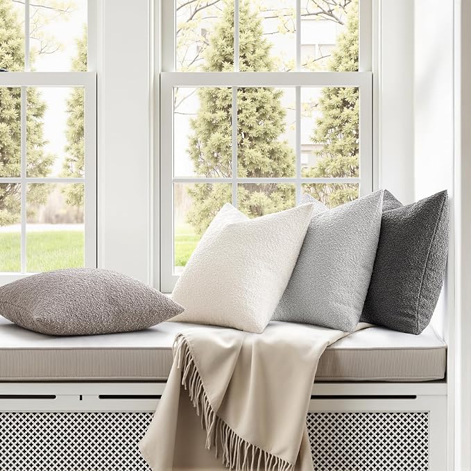 MIULEE Decorative Boucle Throw Pillow Covers 18x18 Inch Grey Set of 4 | Neutral Textured Accent Pillow Cases Soft Couch Cushion Covers for Modern Farmhouse Boho Sofa Bed Livingroom Home Decor