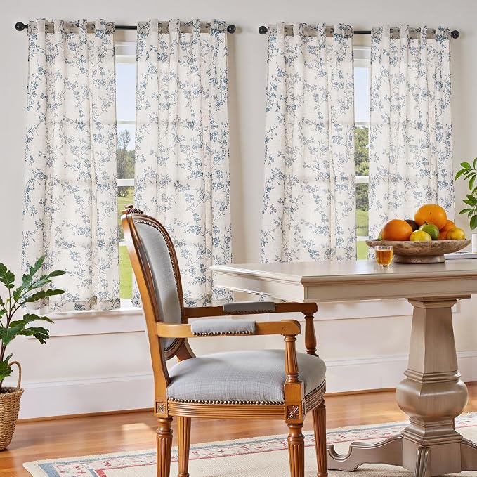 jinchan Blue Floral Linen Curtains 63 Inch Country Drapes Back Tab 2 Panels | Blue on beige, light filtering, farmhouse, rustic, flower, living room, bedroom, laundry, window treatment, home decor