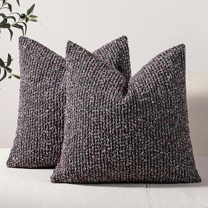 DEZENE Striped Throw Pillow Covers 18x18 Set of 2 Colorful PurpleTextured Boucle Chic Morden Boho Accent Farmhouse Square Decorative Couch Pillow Covers for Home Decor Bed Sofa Living Room