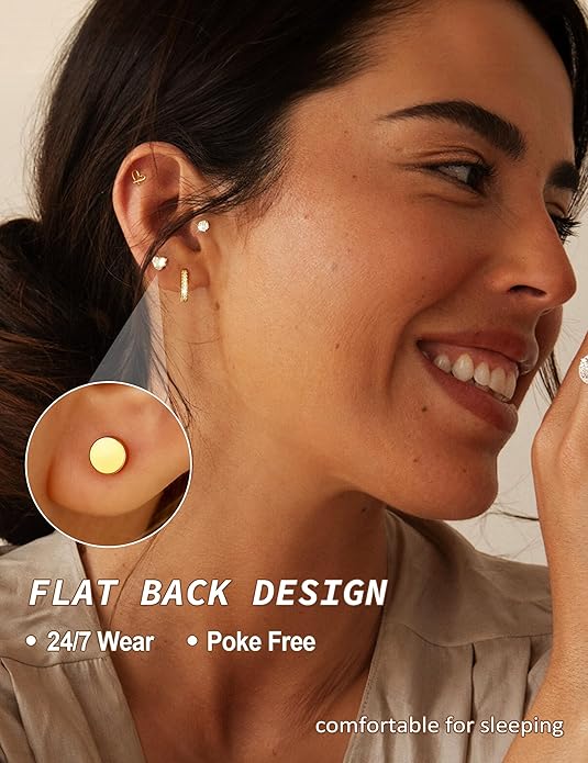Hypoallergenic Gold Stud Earrings for Women - 14k Gold Plated Surgical Stainless Steel Flat back Earrings Set Small Huggie Hoop Flatback Earring for Sensitive Ears Screw Back Cartilage Piercing Jewelry