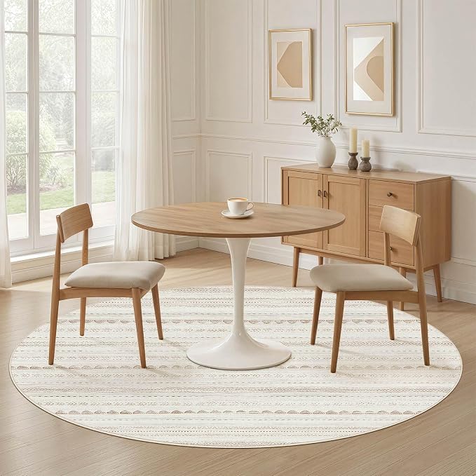 Nakagishi Round Rug Boho Area Rugs: 6x6 Washable Large Circle Neutral Soft Stain Resistant Non-Slip Carpet for Women Aged 25-45 Farmhouse Decor Enthusiasts - Living Room Bedroom Dining Room Nursery