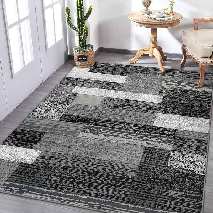 FlyDOIT Modern Geometric Patchwork Area Rug, 4x6 Grey Large Rugs for Living Room, Rockwood Collection Indoor Rugs for Bedroom, Throw Carpet Floor Decor for Entryway Dining Room Office Nursery