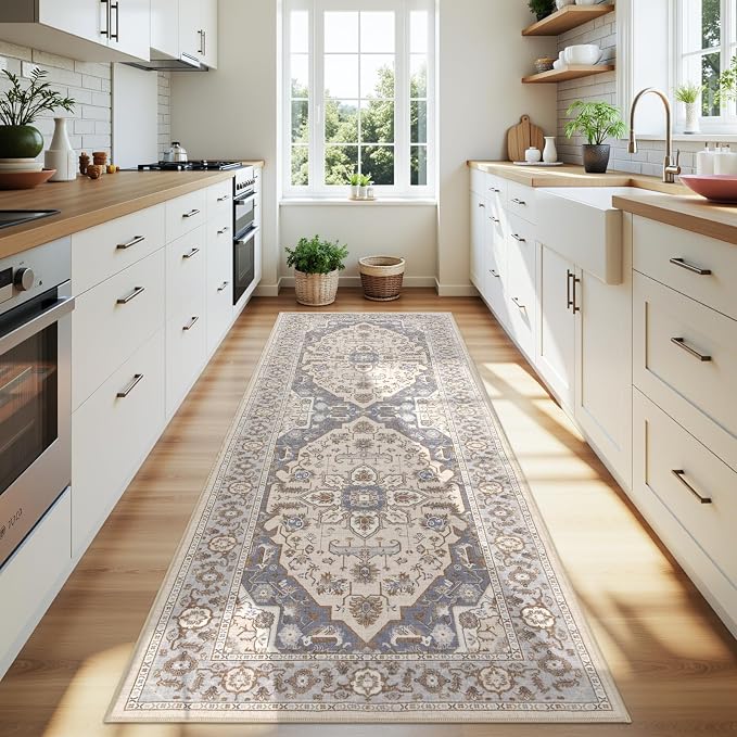 Joydeco Washable 2x6 Hallway Runner Vintage, Beige & Blue & Reddish-Brown | Water Resistant Low Pile Non Slip Backing for Kitchen Entryway Bedroom Bathroom Dining Room