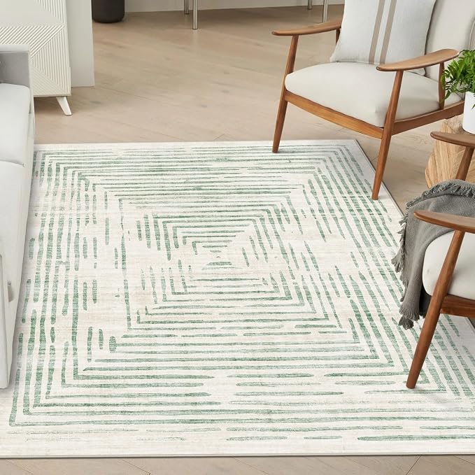 BLISSA 4x6 Washable Area Rug - Soft Modern Throw Rugs for Living Room Non-Slip Ultra-Thin Sage Green Lines Borderd Abstract Rugs for Bedroom Entryway Kitchen Foyer Mudroom Dorm Dining Room Carpet