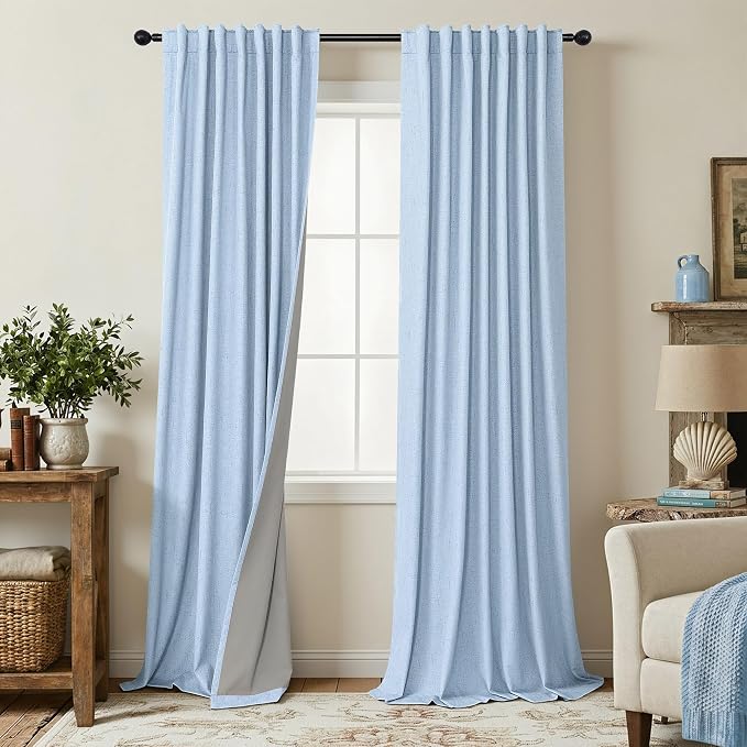 Light Blue Black Out Curtains 96 Inches Long for Living Room 100% Blackout Linen Textured Thermal Window Treatments Grand Millenial Curtain Drapes for Bedroom Modern Farmhouse Decor 96 Length 2 Panels