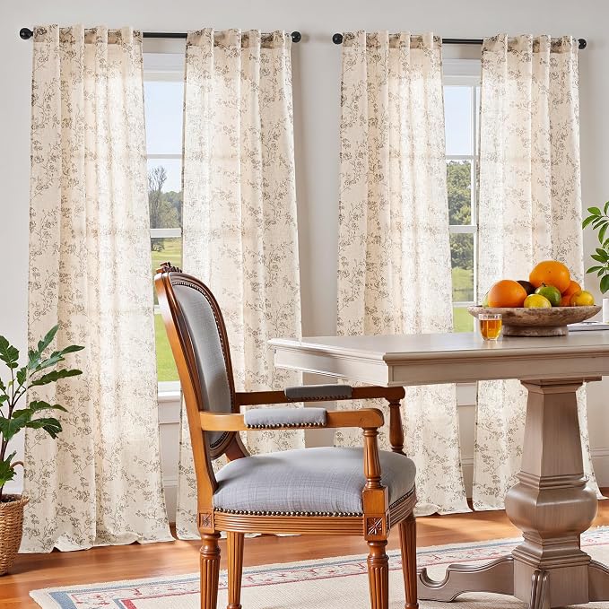 jinchan Taupe Floral Linen Curtains 96 Inch Farmhouse Back Tab 2 Panels | Taupe on beige, light filtering, farmhouse, rustic, country, flower, privacy, bedroom, living room, office, window treatment