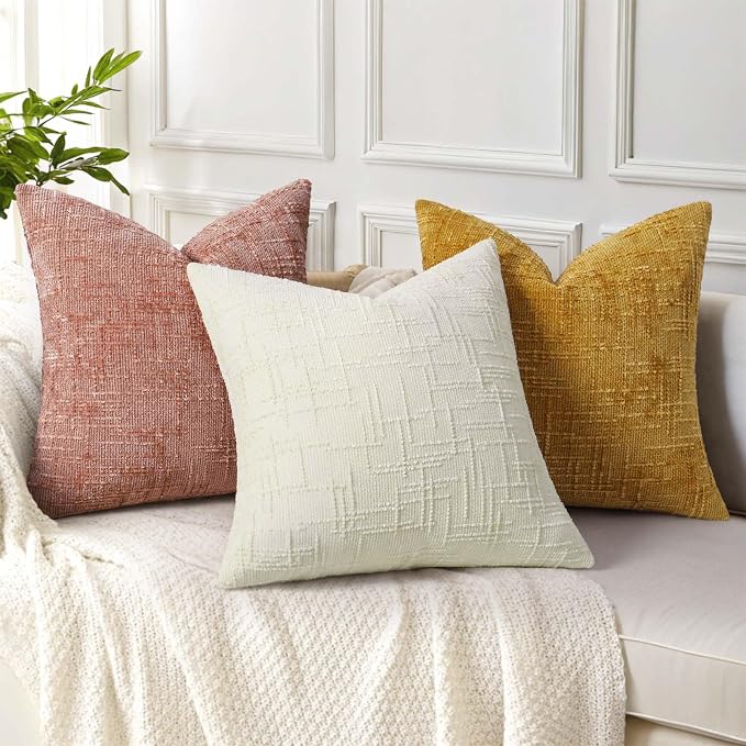 decorUhome Textured Chenille Throw Pillow Covers 22x22 Set of 2 Pink | Fall Modern Farmhouse Soft Cozy Slubby Couch Pillow Cases Boho Decorative Pillow Cases for Bed Sofa Living Room Home Decor