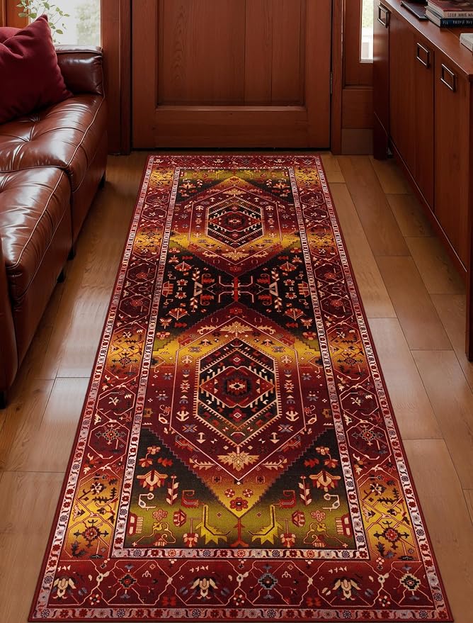 SERISSA Boho Washable Runner Rug, 2x6 Rug Runner Non-Slip Vintage Rustic Red Gold Hallway Kitchen Runner Rug Ultra Soft Print Distressed Floor Carpet Runner for Bedroom Bathroom Laundry Living Room