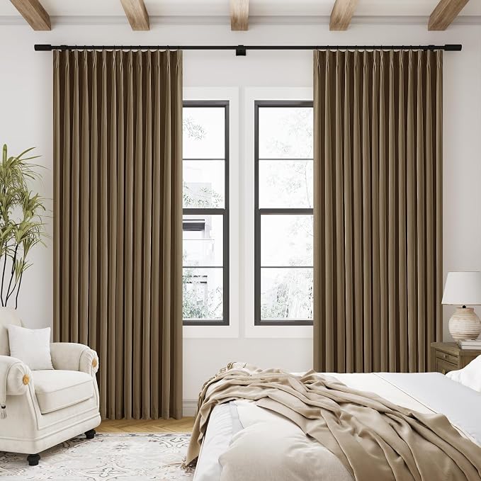 Dutch Cocoa Pleated Linen 100% Blackout Curtains 90 Inches Long for Bedroom | Pinch Pleat Rings Hooks Back Tab, Black Out Thermal Insulated Room Darkening, Dark Brown Curtains with Liner, for Living Room