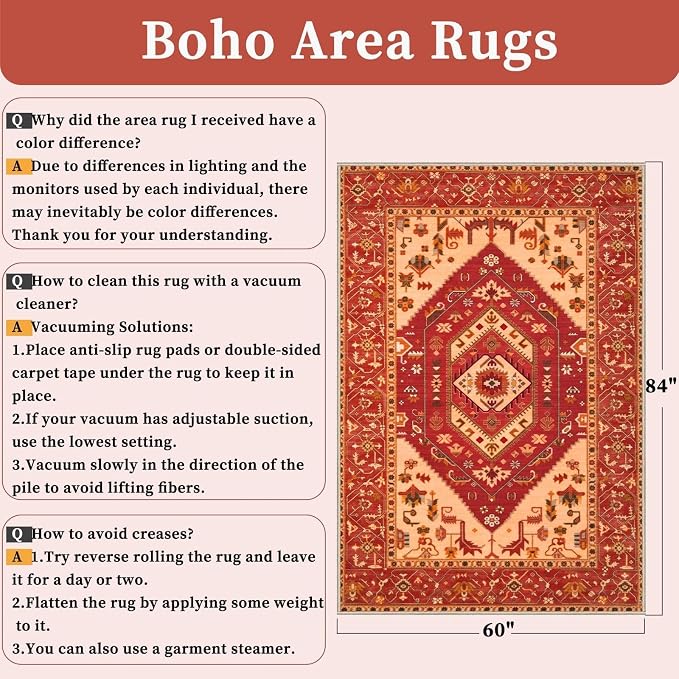 SERISSA 5x7 Boho Area Rug, Washable Non-Slip Rugs for Living Room, Large Red Rug Ultra Soft Vintage Oriental Print Distressed Carpet for Bedroom Dining Room Dorm Office Home Decor